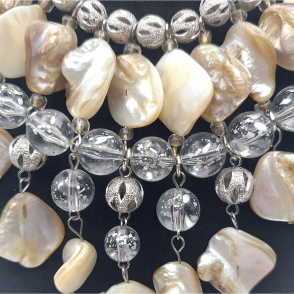 Structured Mother Of Pearl Shell Beaded Silvertone Adjustable Statement Necklace - Picture 2 of 6
